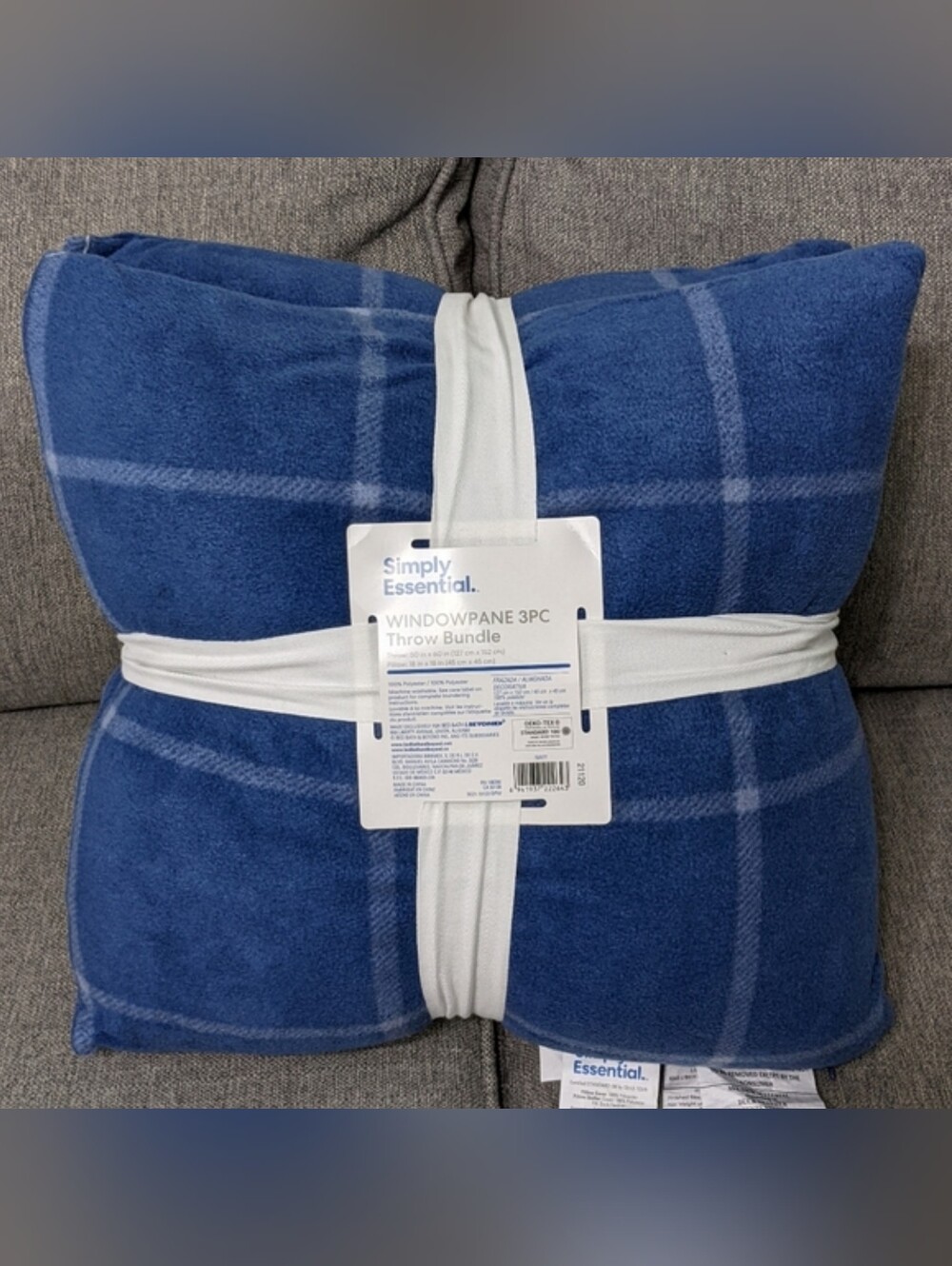 NAVY BLUE 3 PIECE  WINDOWPANE  PLAID THROW  BLANKET AND THROW PILLOW BUNDLE
